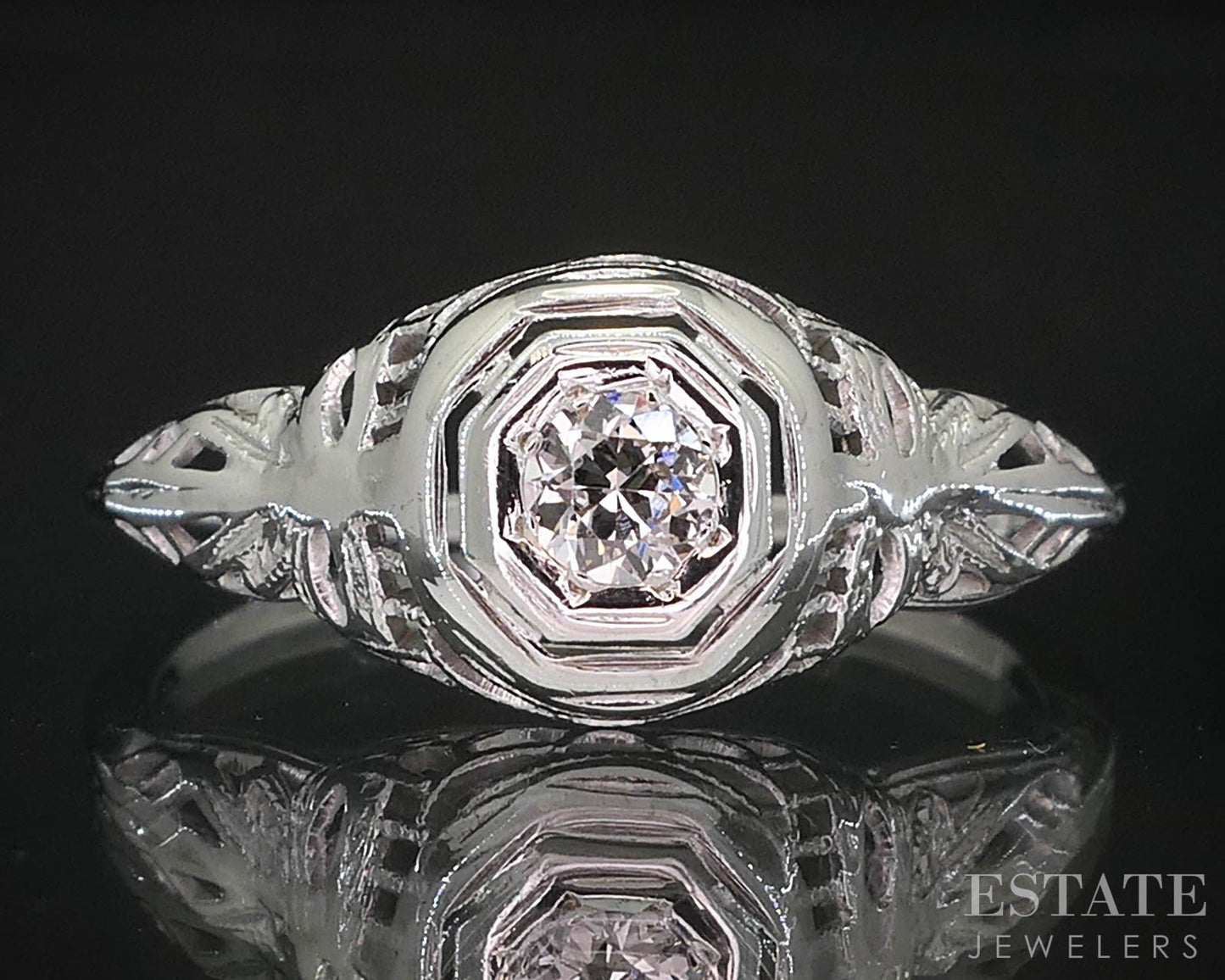 Antique 18k White Gold Natural .07ct Diamond Filigree Solitaire Ring i19657b