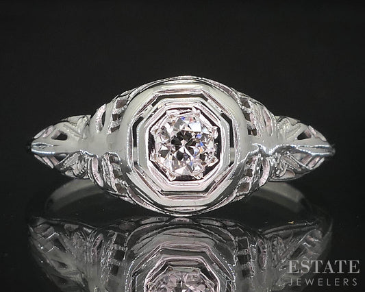 Antique 18k White Gold Natural .07ct Diamond Filigree Solitaire Ring i19657b