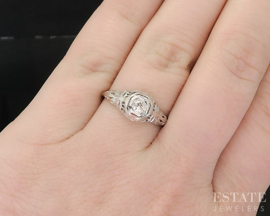 Antique 18k White Gold Natural .07ct Diamond Filigree Solitaire Ring i19657b