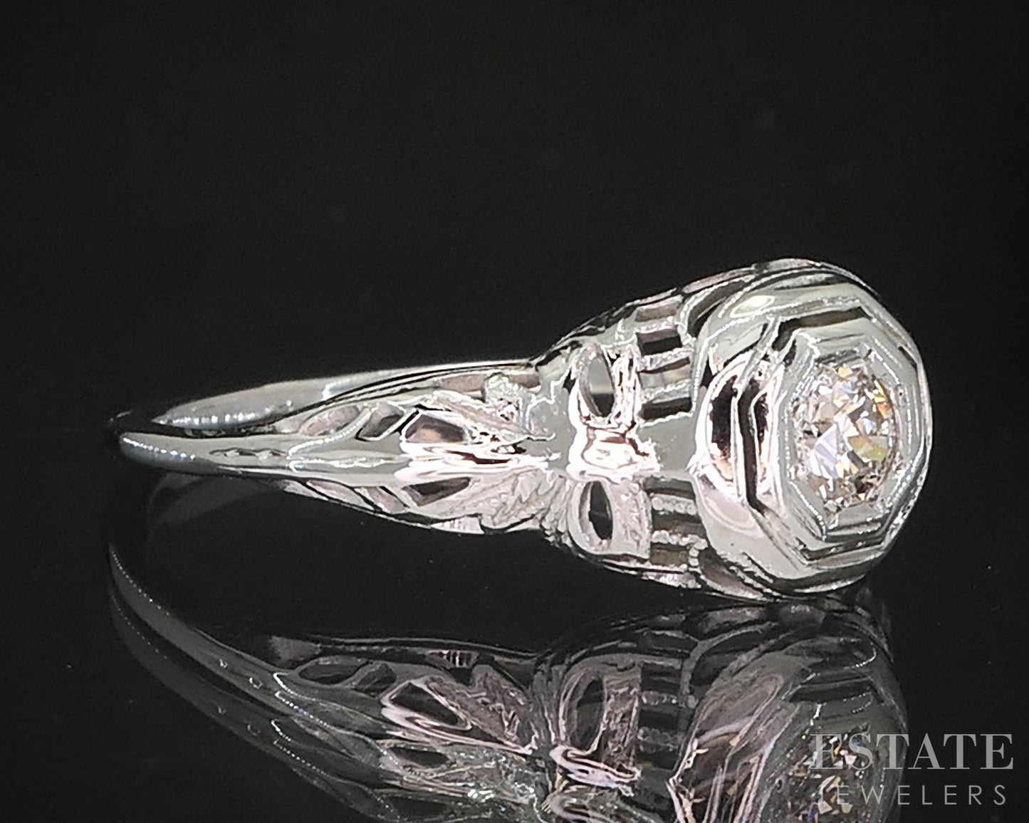 Antique 18k White Gold Natural .07ct Diamond Filigree Solitaire Ring i19657b