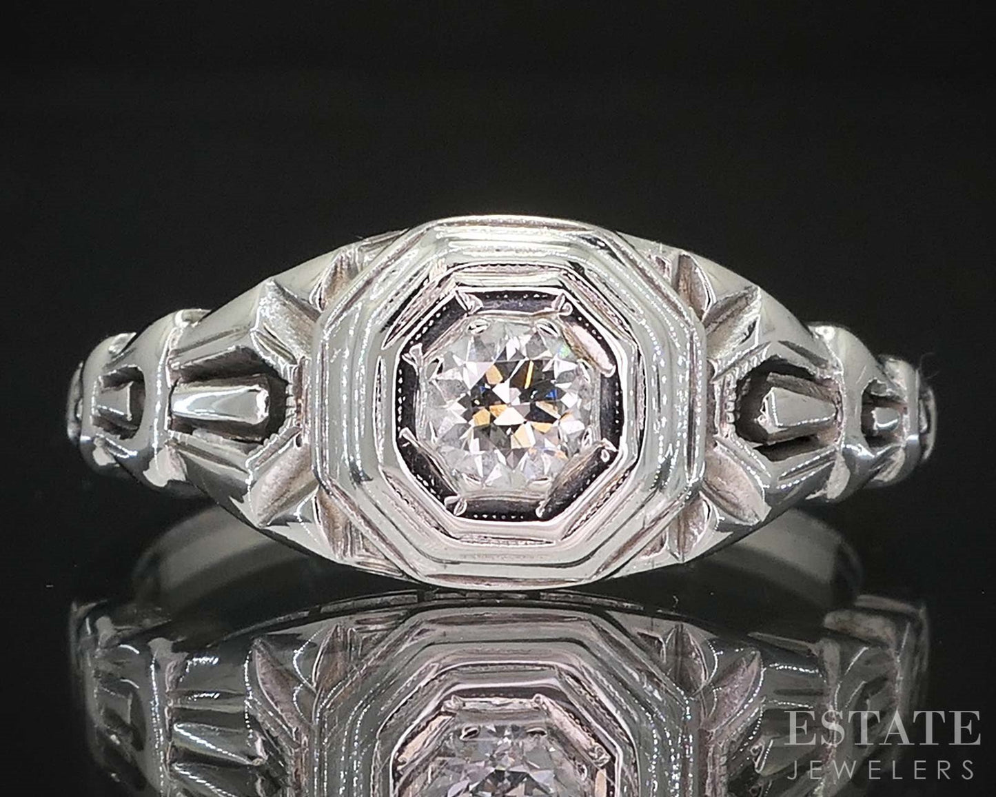Antique 18k White Gold Natural .13ct Diamond Filigree Solitaire Ring i19648b