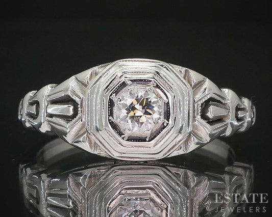 Antique 18k White Gold Natural .13ct Diamond Filigree Solitaire Ring i19648b