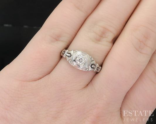 Antique 18k White Gold Natural .13ct Diamond Filigree Solitaire Ring i19648b