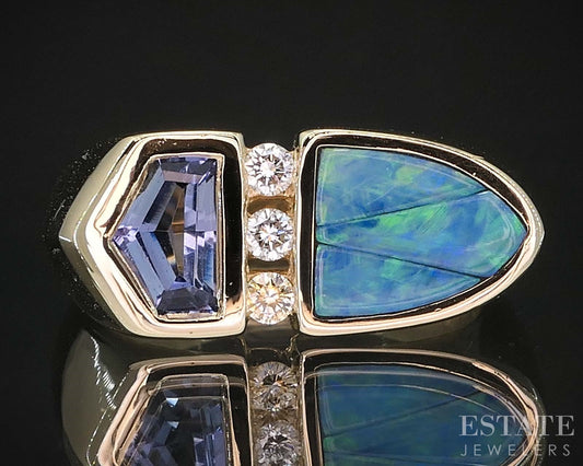 14k Yellow Gold Kabana Natural Tanzanite Opal & Diamond Ring 9.1g i19647b