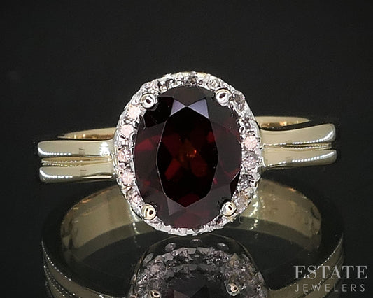 14k Yellow Gold Oval Natural Garnet & Diamond Ladies Halo Ring 3.6g i19656b