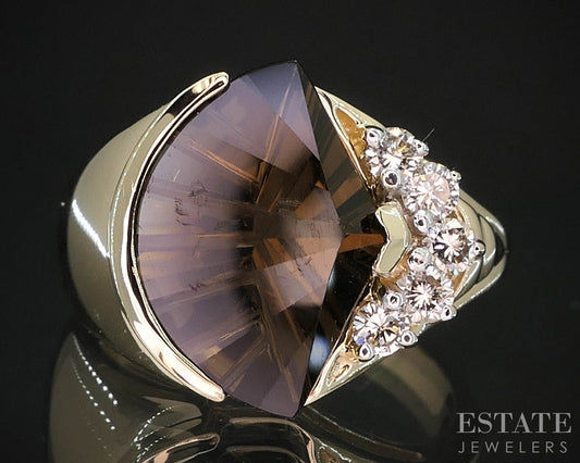 14k Yellow Gold Fancy Cut Natural Smoky Quartz & Diamond Ring 6.2g i19663b