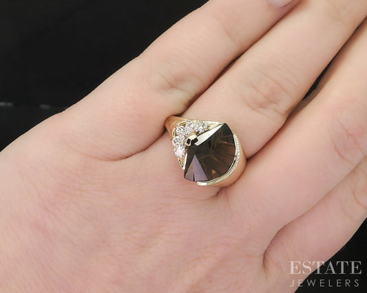 14k Yellow Gold Fancy Cut Natural Smoky Quartz & Diamond Ring 6.2g i19663b