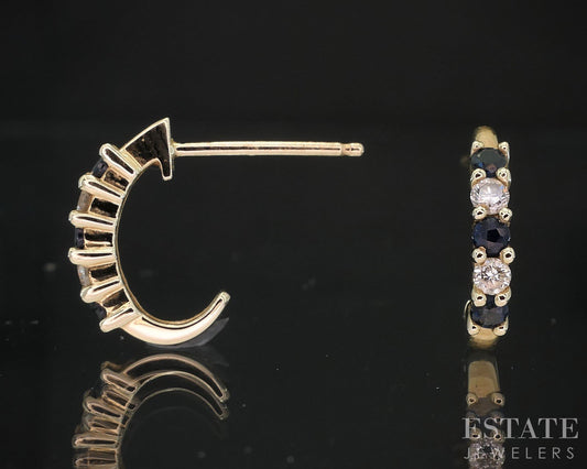 14k Yellow Gold Natural Blue Sapphire & Diamond J-Hoop Earrings 1.4g i19513b