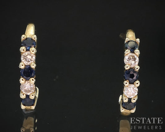 14k Yellow Gold Natural Blue Sapphire & Diamond J-Hoop Earrings 1.4g i19513b