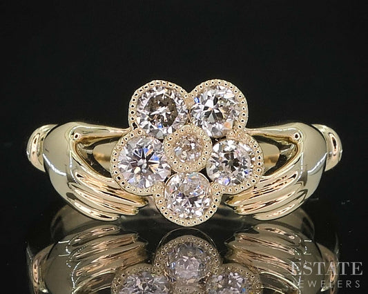14k Yellow Gold OEC Natural Diamond Gimmel Claddagh Cluster Ring 4g i19665