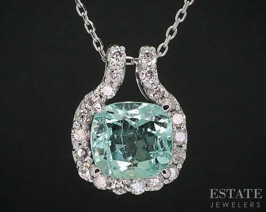 14k White Gold Natural Green Beryl & Diamond Ladies Necklace 4.6g 18"L i19671