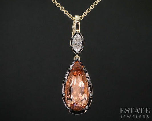 14k Yellow Gold Pear Natural Imperial Topaz & Diamond Necklace 11.6g 18"L i19664