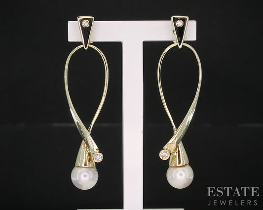 14k Yellow Gold 6.4mm Cultured Pearl & Diamond Dangle Earrings 4.9g i19696b