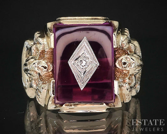 Antique 10k Yellow Gold Ruby & Diamond Cobra Large Mens Ring 11.8g i19711b