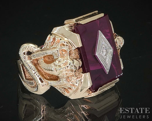 Antique 10k Yellow Gold Ruby & Diamond Cobra Large Mens Ring 11.8g i19711b