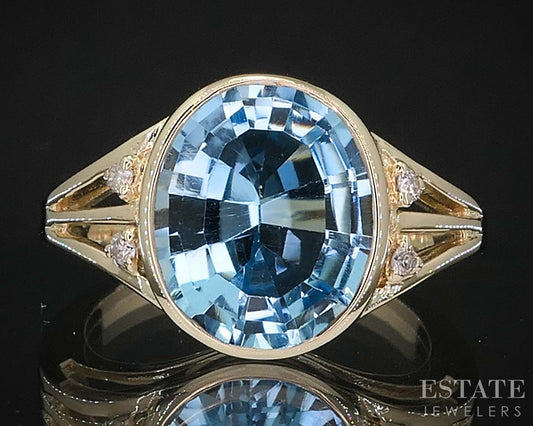 10k Yellow Gold Oval Natural Blue Topaz & Diamond Ladies Ring 4.5g i19705b