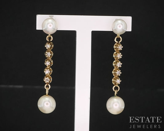 Vintage 14k Yellow Gold Cultured Pearl & Diamond Dangle Earrings 1.9g i19706b
