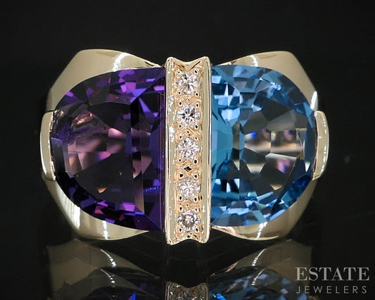 14k Yellow Gold Natural Blue Topaz Amethyst & Diamond Ring 8.1g i19704b