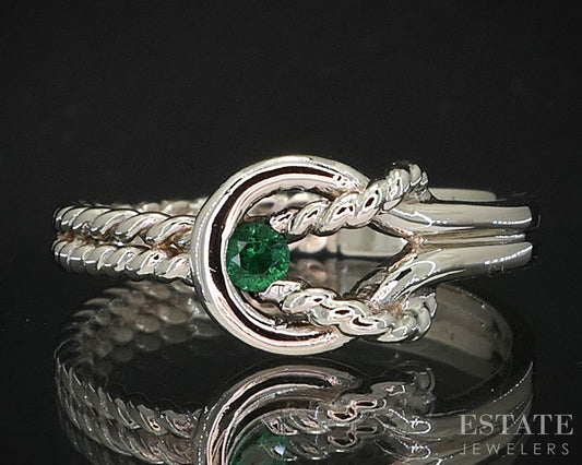 14k White Gold Natural Emerald Love Knot Ladies Band Ring 2.6g i19710b