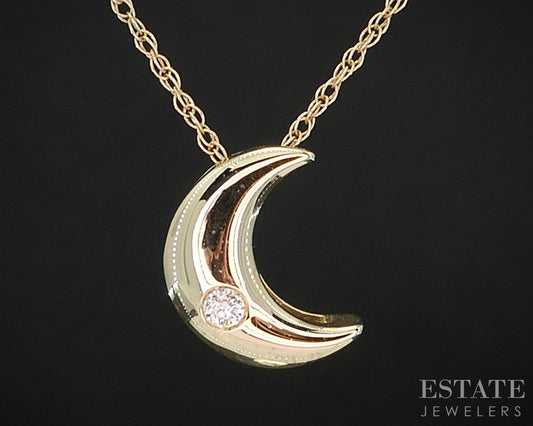 10k Yellow Gold Natural Diamond Crescent Moon Ladies Necklace 1.1g 18"L i19709b
