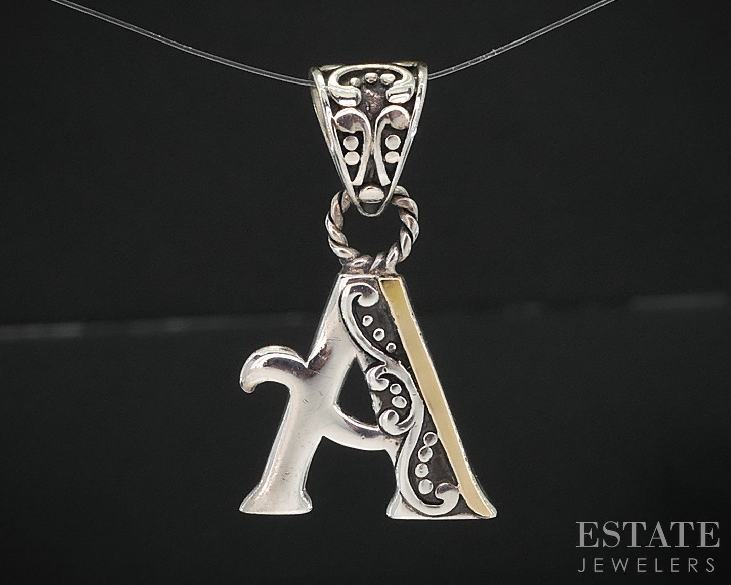 18k & Sterling Letter A Beaded Scroll Ladies Pendant 2.5g i19732