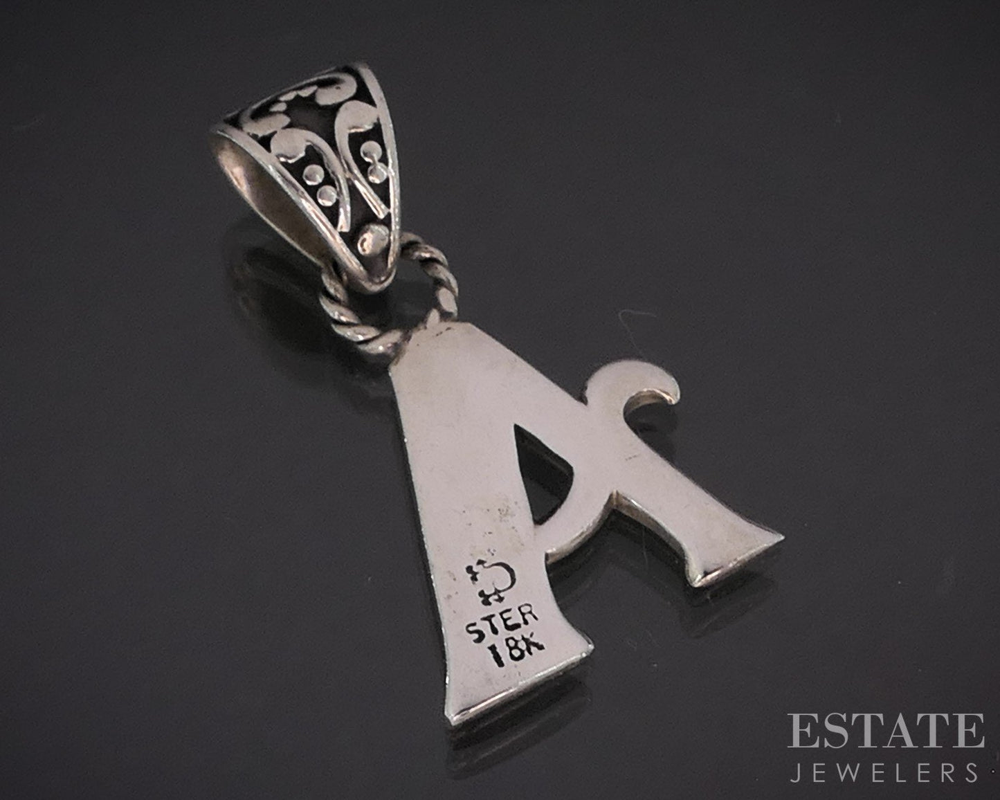 18k & Sterling Letter A Beaded Scroll Ladies Pendant 2.5g i19732