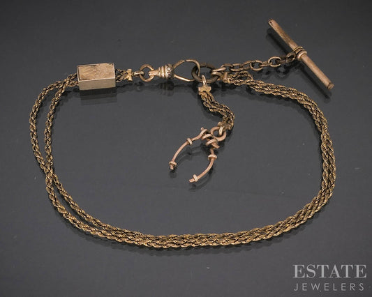 Antique Gold Filled Rope Chain Wish Bone Slide Charm Watch Fob 7.9g i19724