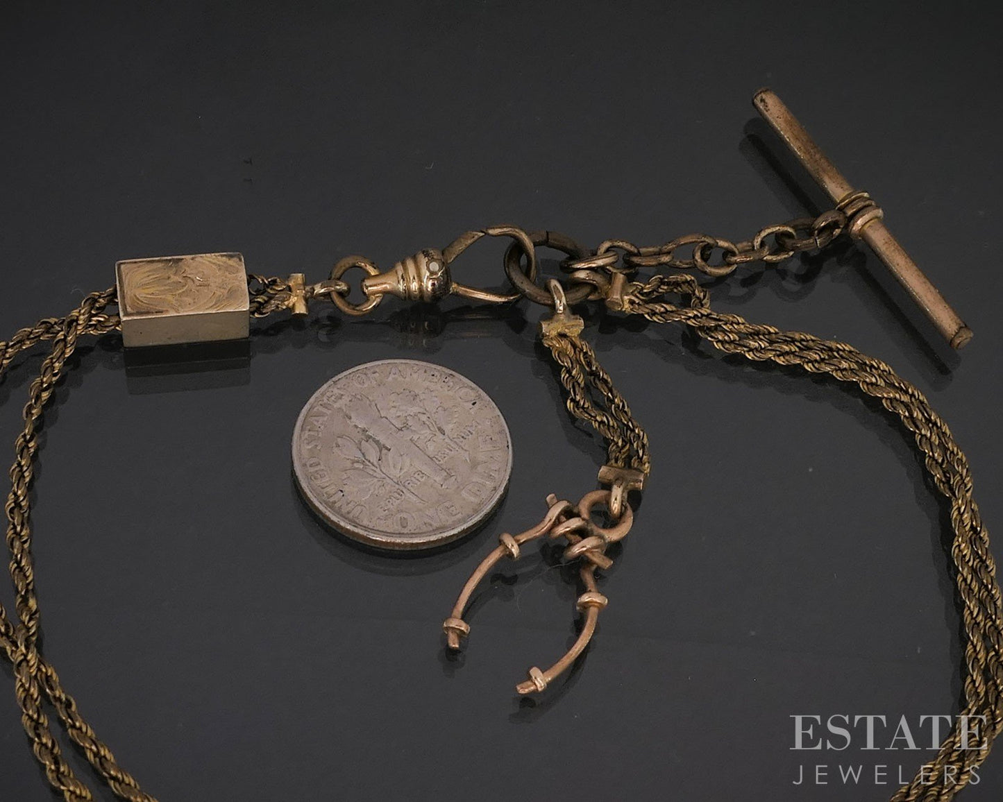 Antique Gold Filled Rope Chain Wish Bone Slide Charm Watch Fob 7.9g i19724