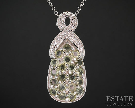 Sterling Silver Natural Green & White Sapphire Ladies Necklace 5.8g 18"L i19729