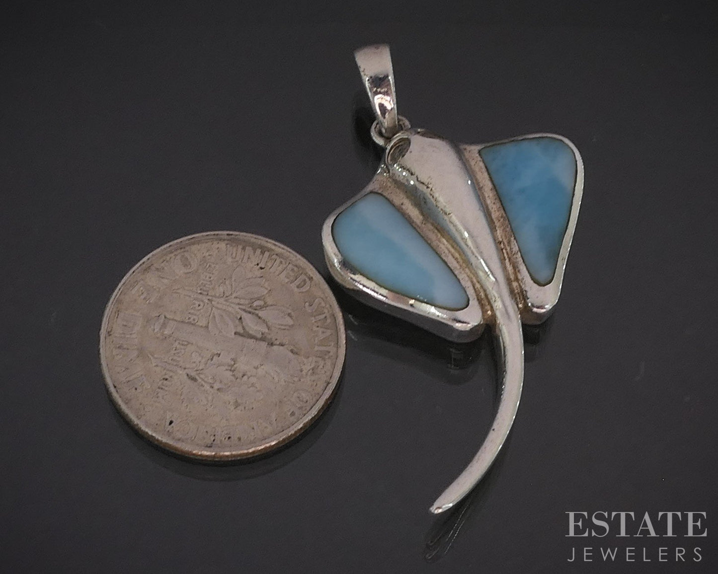 Sterling Silver Natural Larimar Marahlago Manta Ray Ladies Pendant 5.8g i19730