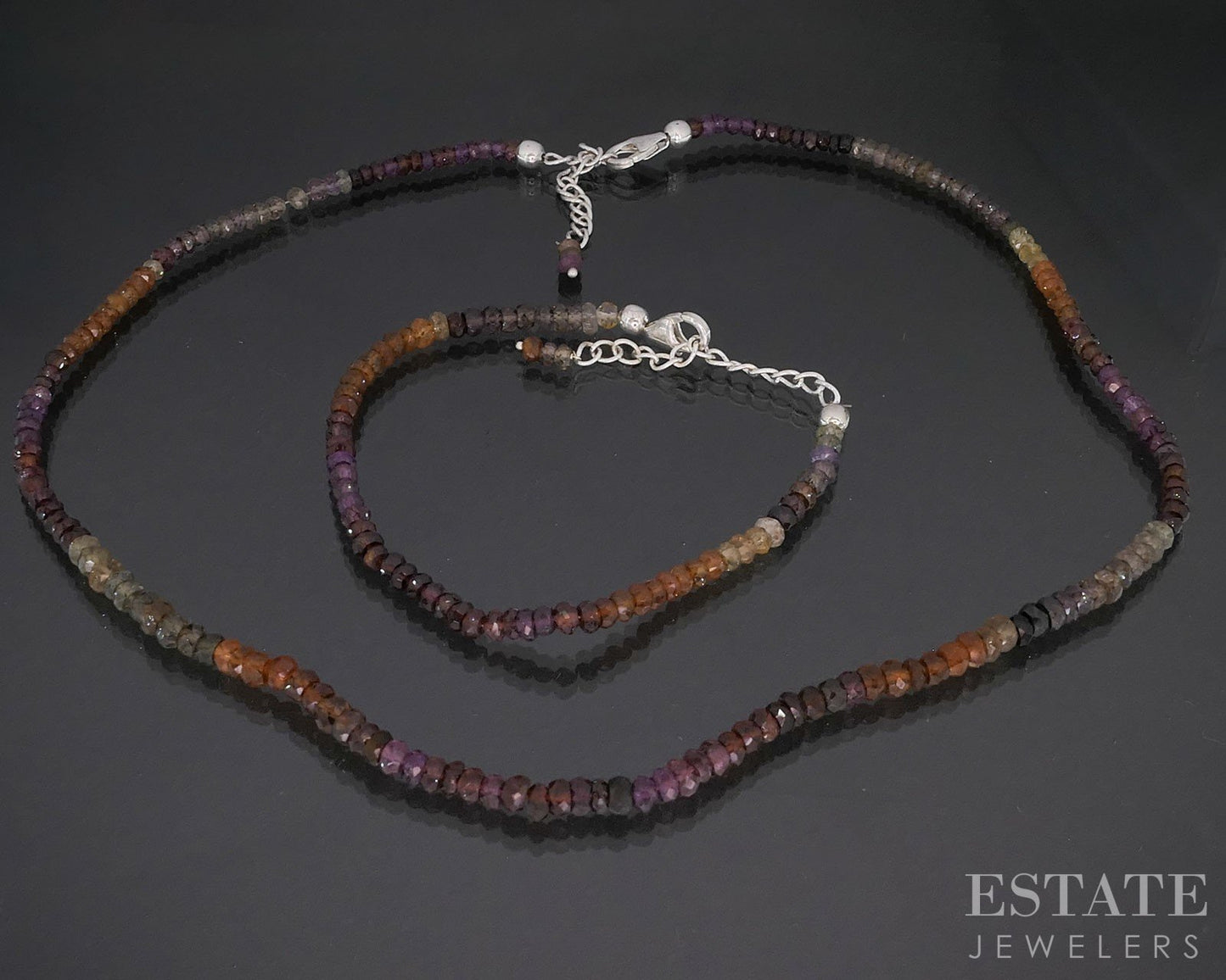 Sterling Natural Multi Colored Sapphire Beaded Bracelet & Necklace 22g i19718