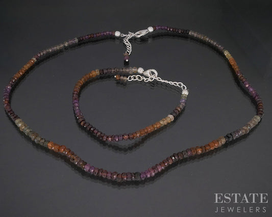 Sterling Natural Multi Colored Sapphire Beaded Bracelet & Necklace 22g i19718