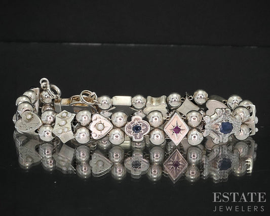 Antique Sterling Silver Multi Gem Pearl Slide Charm Bracelet 26g 7.25"L i19723