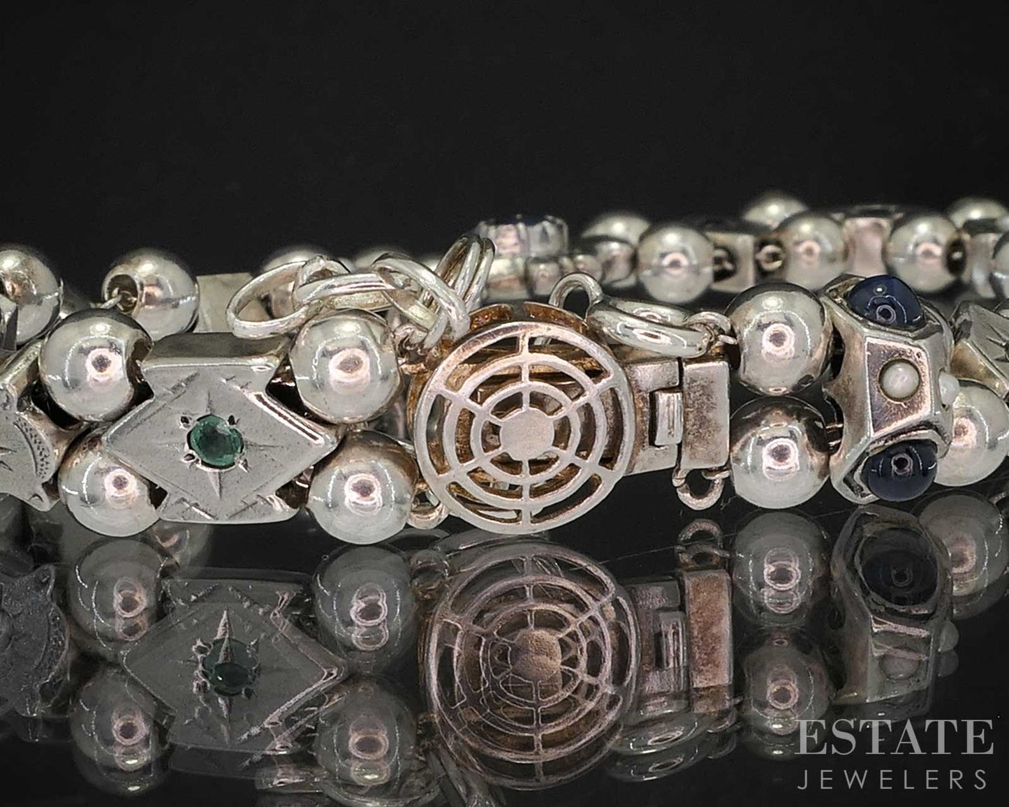 Antique Sterling Silver Multi Gem Pearl Slide Charm Bracelet 26g 7.25"L i19723