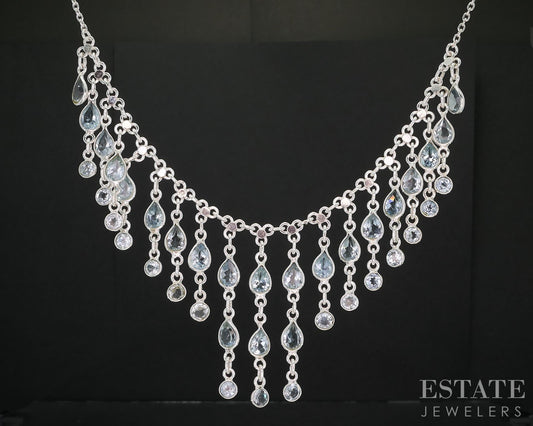 Sterling Silver Natural Blue Topaz Ladies Bib Collar Necklace 21.6g 18"L i19713