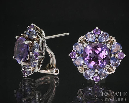 Sterling Silver Natural Amethyst & Tanzanite Cluster Stud Earrings 5.8g i19726