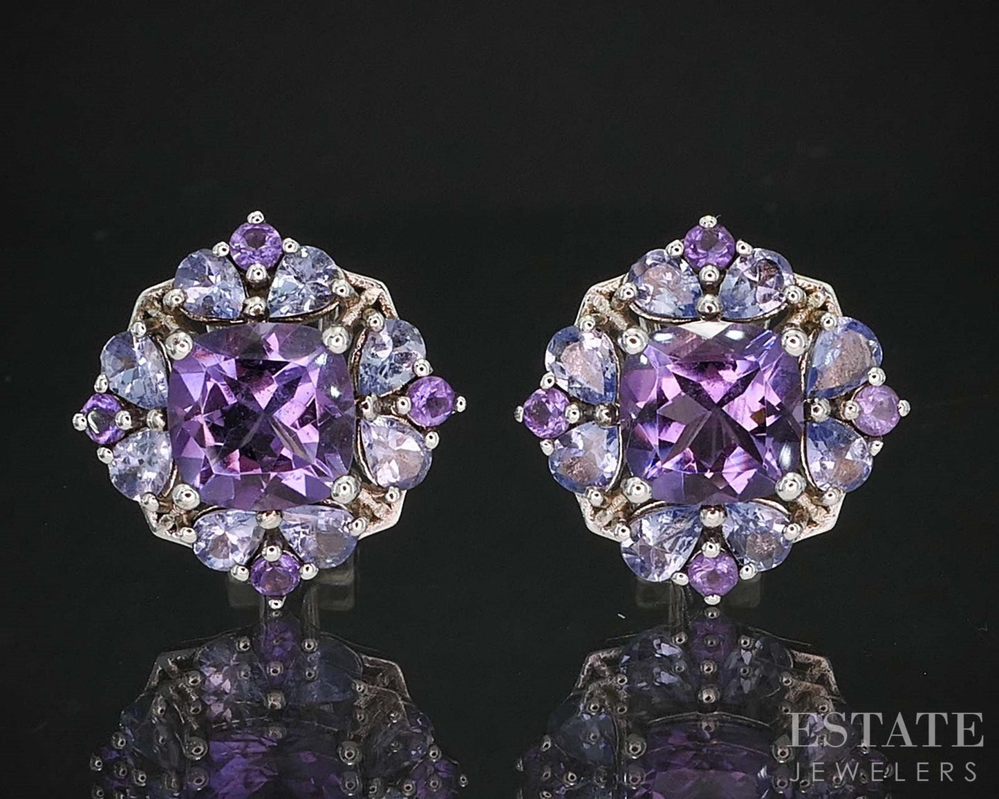 Sterling Silver Natural Amethyst & Tanzanite Cluster Stud Earrings 5.8g i19726