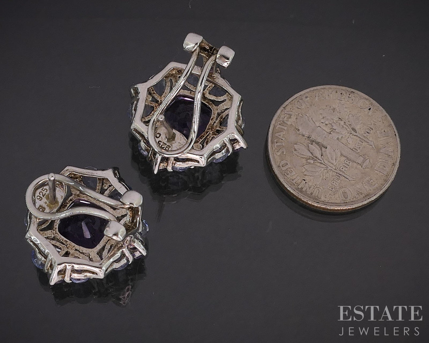 Sterling Silver Natural Amethyst & Tanzanite Cluster Stud Earrings 5.8g i19726