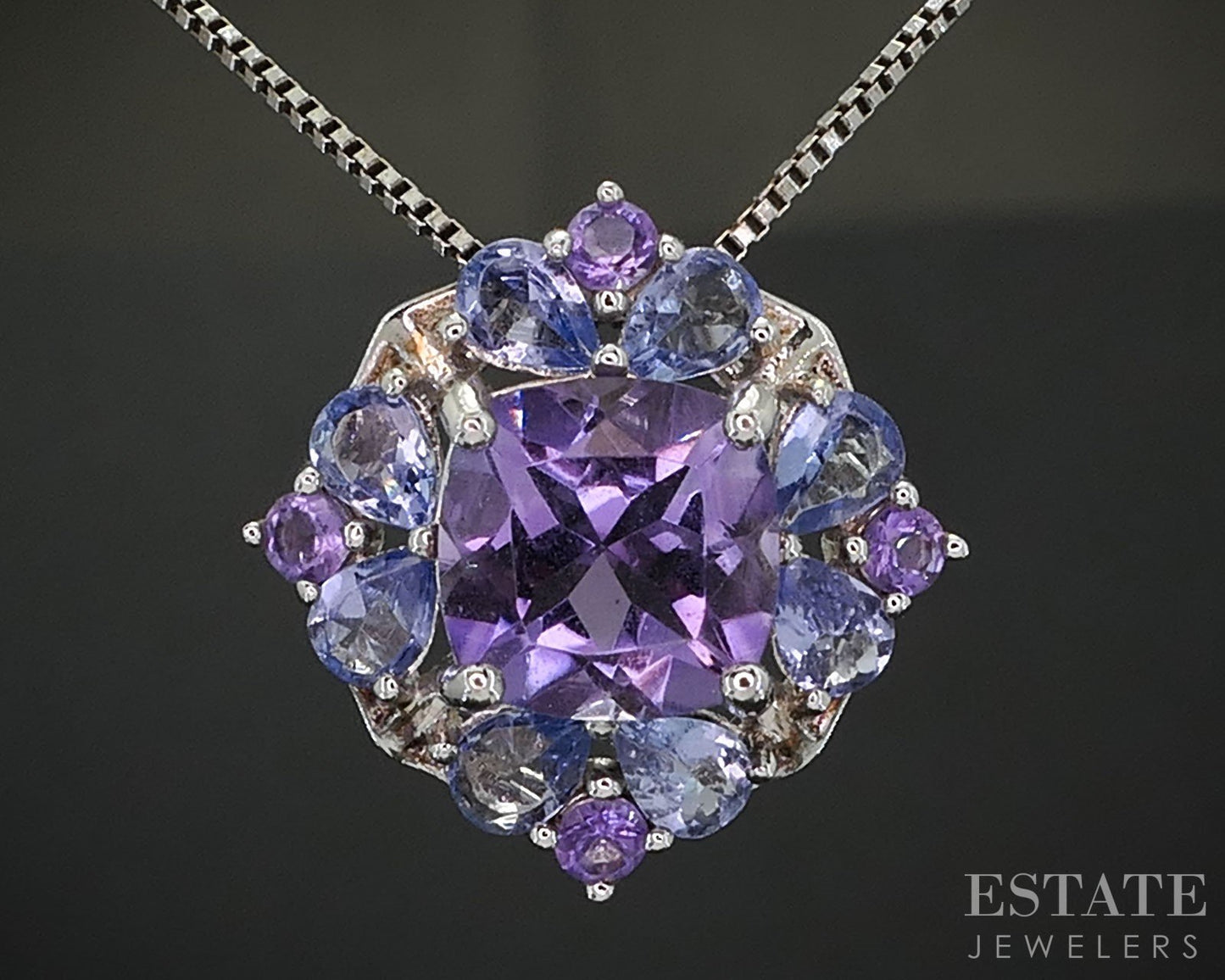Sterling Silver Natural Amethyst & Tanzanite Cluster Necklace 3.9g 18"L i19721