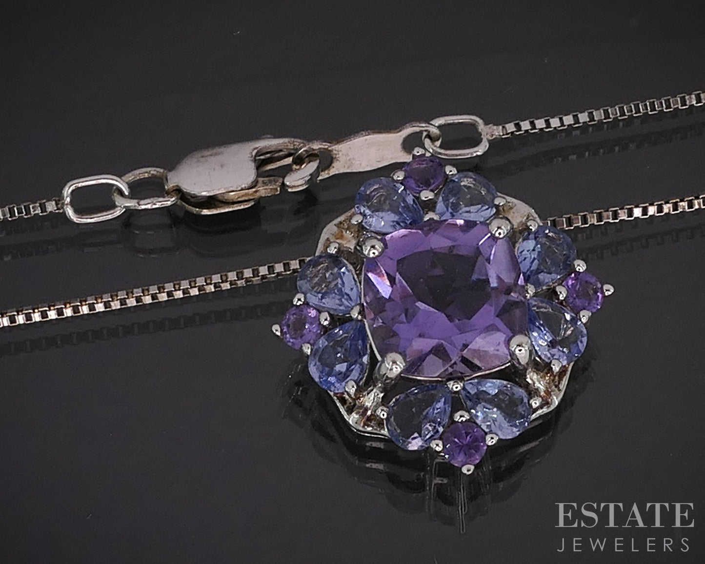 Sterling Silver Natural Amethyst & Tanzanite Cluster Necklace 3.9g 18"L i19721