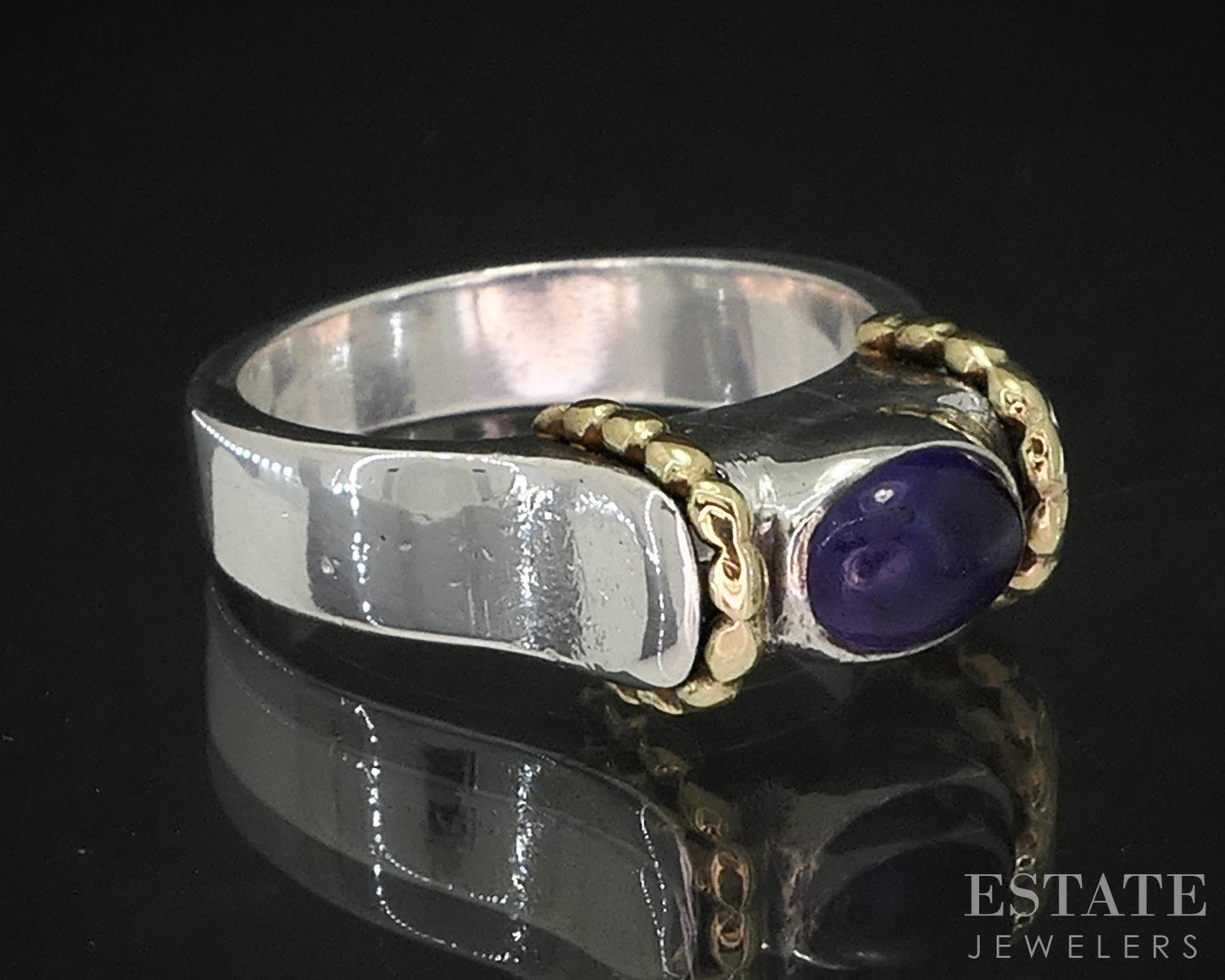 18k & Sterling Cabochon Natural Amethyst Ladies Band Ring 6g i19757