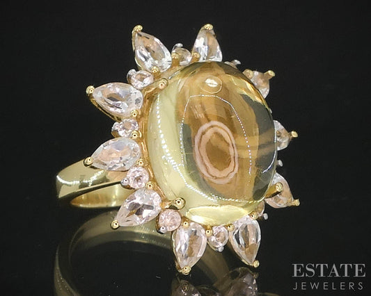 Sterling Natural Lemon Quartz & White Topaz Cocktail Ladies Ring 9.1g i19755
