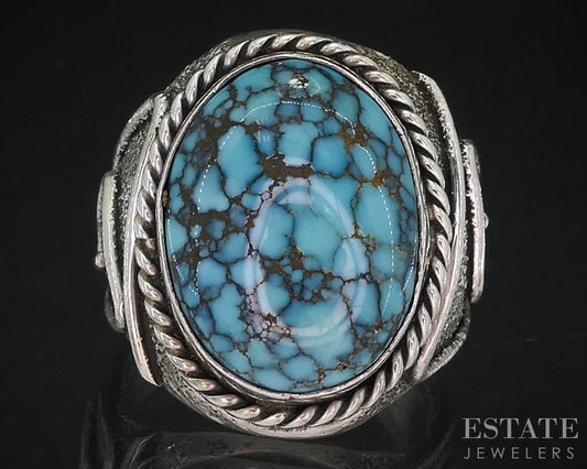 Vintage Sterling Silver Natural Spiderweb Turquoise Navajo Mens Ring 22g i19750