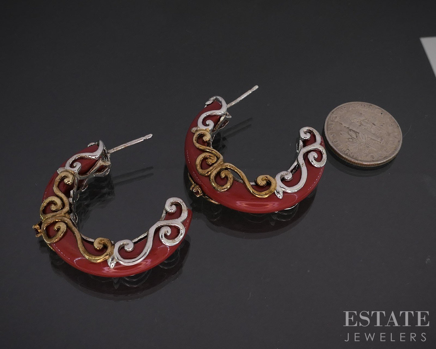 18K/Sterling Michael Valitutti Red Coral & Garnet Hoop Earrings 11.5g i19747