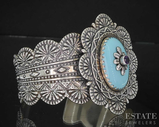 Sterling Carolyn Pollack Natural Turquoise & Amethyst Cuff Bracelet 77g i19741