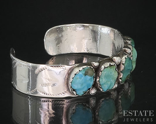 Vintage Sterling Navajo Natural Turquoise Signed Cuff Bracelet 22.8g i19739