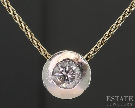 14k Two Tone Gold Round Natural .06ct Diamond Bezel Solitaire Necklace 2g i19762