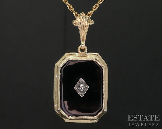 Antique 14k Yellow Gold Natural Black Onyx & Diamond Necklace 3.9g 18"L i19776