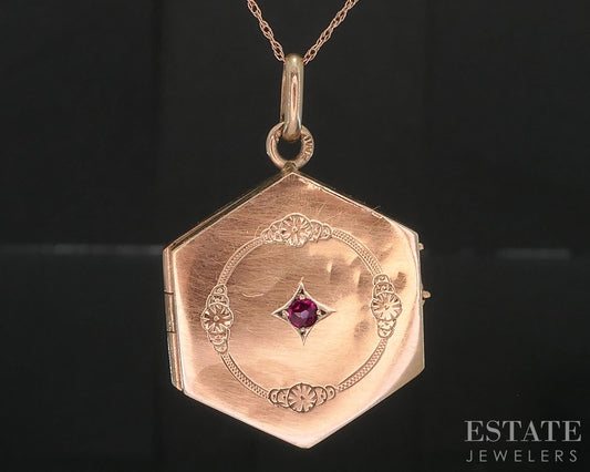 Antique 10k Yellow Gold Ruby Hexagon Floral Locket Necklace 3.6g i19777