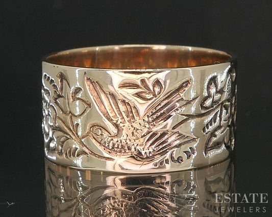 Antique Victorian 10k Yellow Gold 9.4mm Floral Dove Cigar Band Ring 4.2g i19764